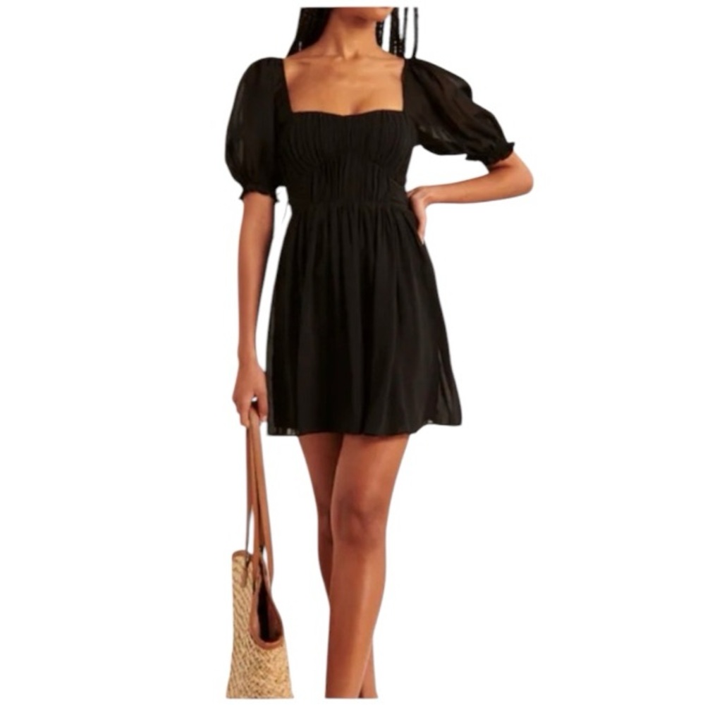 Abercrombie & Fitch Ruched Ruffle Puff Sleeve Mini Dress Black XXS